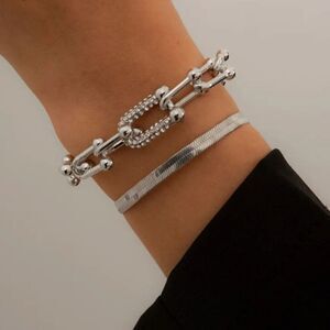 Silver Plated U Link Paperclip Herringbone Snake Multilayer Bracelets